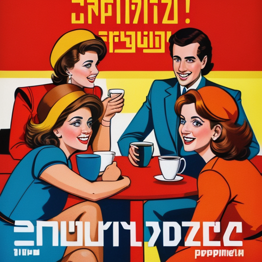 Colourful 1980s soviet newspaper advertisement for coffee showing several people having coffee together and really having quite a good time.